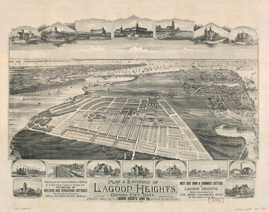Plat & environs of Lagoon Heights, Cottage City, Mass. : showing property owned by the Lagoon Heights Land Co., 53 State St., 610 Exchange B'd'g., Boston, Mass. (1880) – Historic Bird’s-Eye View Panorama Print