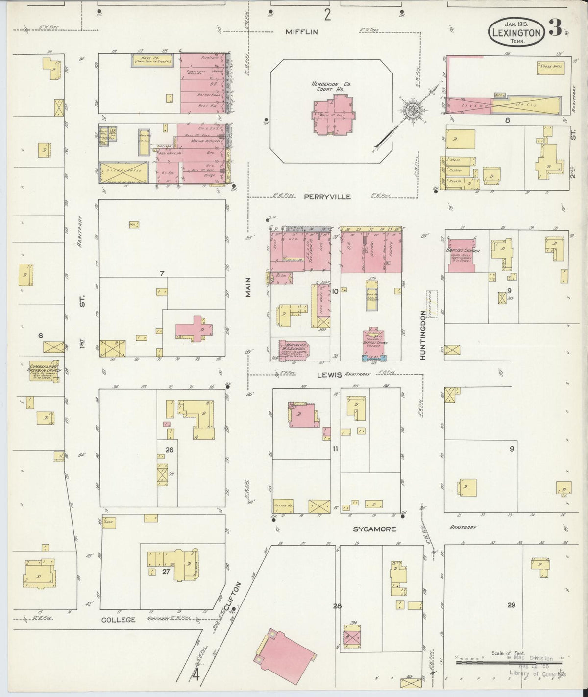 Sanborn Fire Insurance Map from Lexington, Henderson County, Tennessee (1913), Sheet #0003 - Complete Map Set gallery image, historic Sanborn map, vintage wall art, Tennessee Tennessee