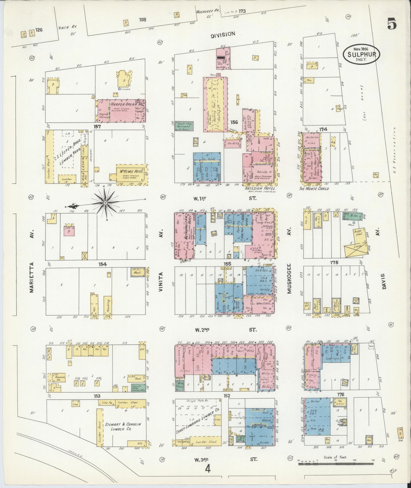 Sanborn Fire Insurance Map from Sulphur, Murray County, Oklahoma (1906), Sheet #0005 - Complete Map Set gallery image, historic Sanborn map, vintage wall art, Oklahoma Oklahoma