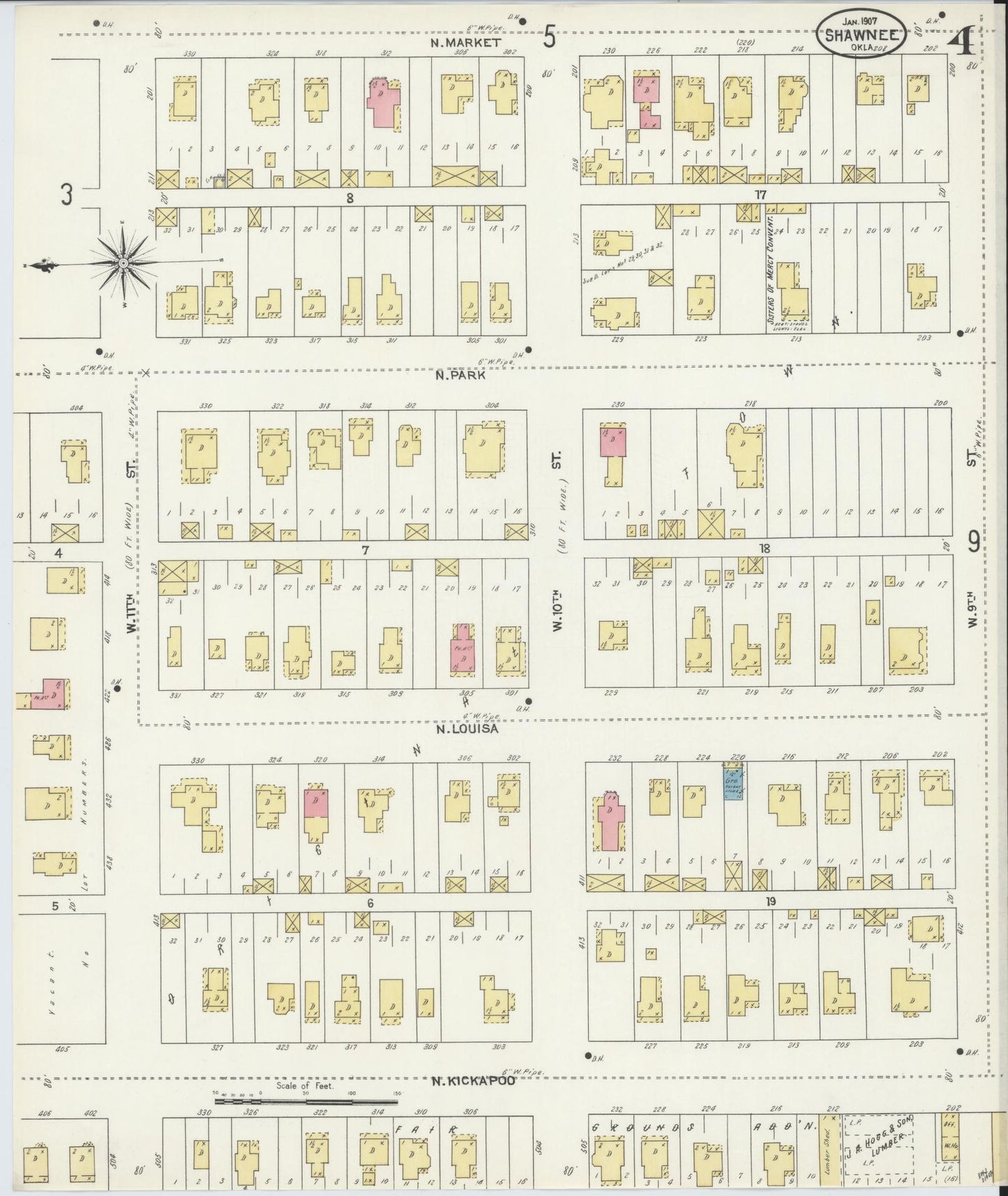 Sanborn Fire Insurance Map from Shawnee, Pottawatomie County, Oklahoma (1907), Sheet #0004 - Complete Map Set gallery image, historic Sanborn map, vintage wall art, Oklahoma Oklahoma