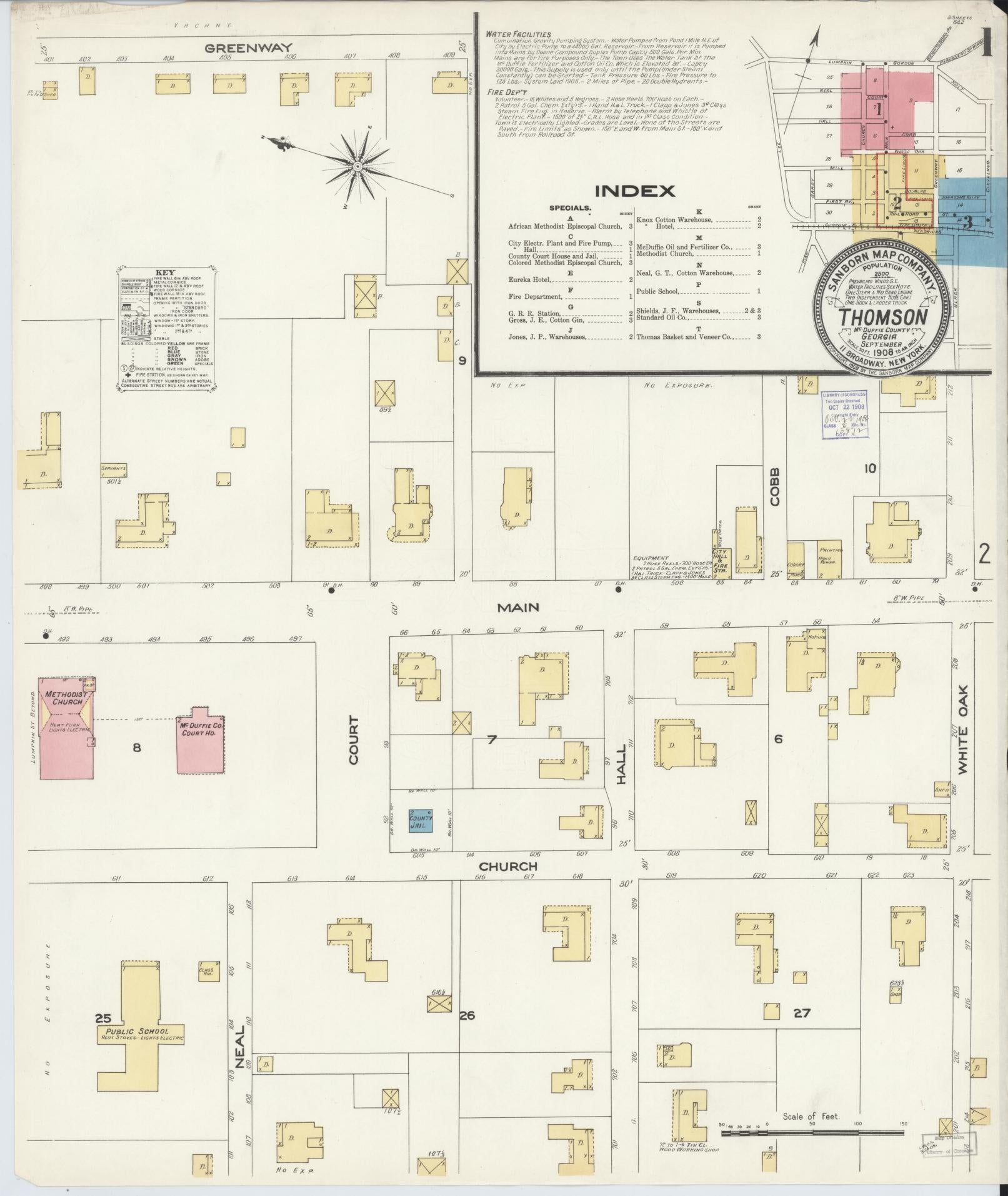 Sanborn Fire Insurance Map from Thomson, McDuffie County, Georgia (1908), Sheet #0001 - Historic Sanborn Fire Insurance Map Print, vintage old map wall art, antique decor, genealogy gift, Georgia Georgia map
