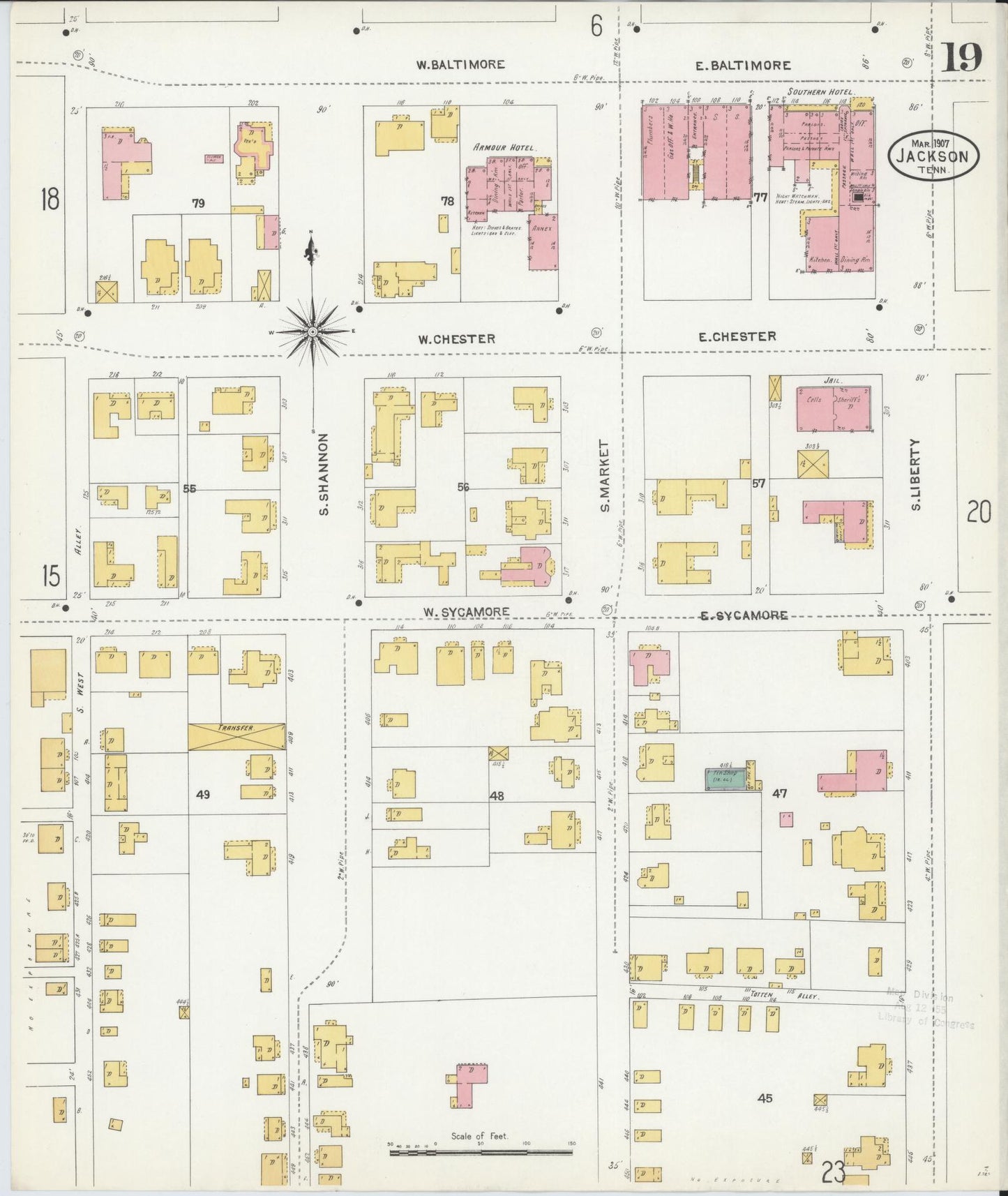 Sanborn Fire Insurance Map from Jackson, Madison County, Tennessee (1907), Sheet #0019 - Complete Map Set gallery image, historic Sanborn map, vintage wall art, Tennessee Tennessee