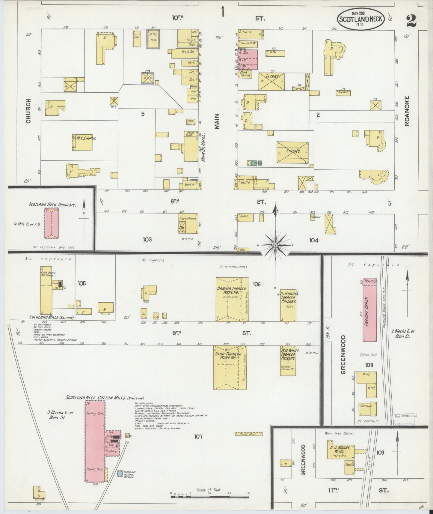 Sanborn Fire Insurance Map from Scotland Neck, Halifax County, North Carolina (1901), Sheet #0002 - Historic Sanborn Fire Insurance Map Print, vintage old map wall art, antique decor, genealogy gift, North Carolina North Carolina map