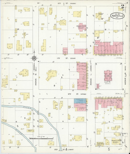 Sanborn Fire Insurance Map from Huntsville, Walker County, Texas (1912), Sheet #0002 - Historic Sanborn Fire Insurance Map Print, vintage old map wall art, antique decor, genealogy gift, Texas Texas map