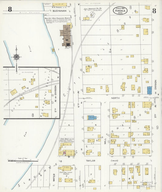 Sanborn Fire Insurance Map from Anoka, Anoka County, Minnesota (1925), Sheet #0008 - Historic Sanborn Fire Insurance Map Print, vintage old map wall art, antique decor, genealogy gift, Minnesota Minnesota map