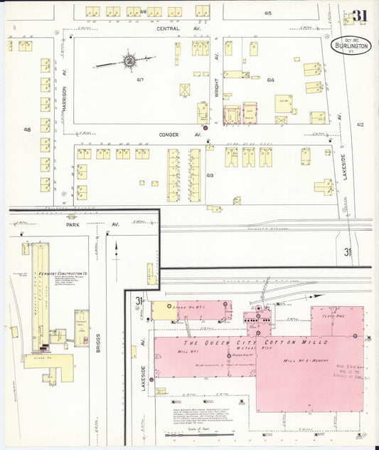 Sanborn Fire Insurance Map from Burlington, Chittenden County, Vermont (1912), Sheet #0031 - Historic Sanborn Fire Insurance Map Print, vintage old map wall art, antique decor, genealogy gift, Vermont Vermont map