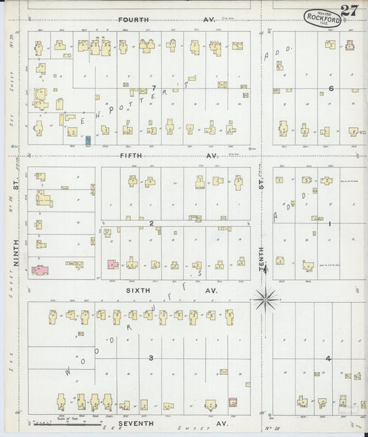 Sanborn Fire Insurance Map from Rockford, Winnebago County, Illinois (1891), Sheet #0027 - Historic Sanborn Fire Insurance Map Print, vintage old map wall art, antique decor, genealogy gift, Illinois Illinois map