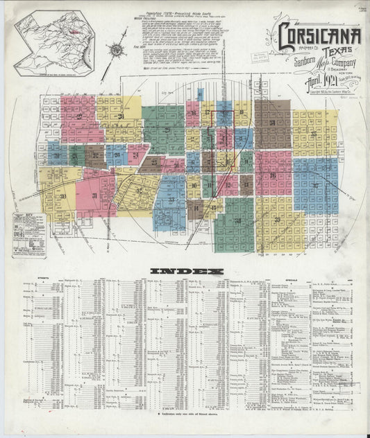Sanborn Fire Insurance Map from Corsicana, Navarro County, Texas (1921), Sheet #0001 - Complete Map Set gallery image, historic Sanborn map, vintage wall art, Texas Texas