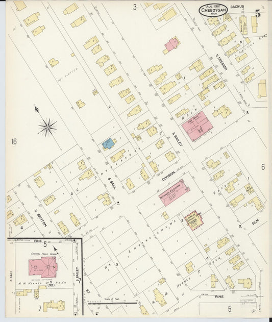 Sanborn Fire Insurance Map from Cheboygan, Cheboygan County, Michigan (1907), Sheet #0005 - Historic Sanborn Fire Insurance Map Print, vintage old map wall art, antique decor, genealogy gift, Michigan Michigan map