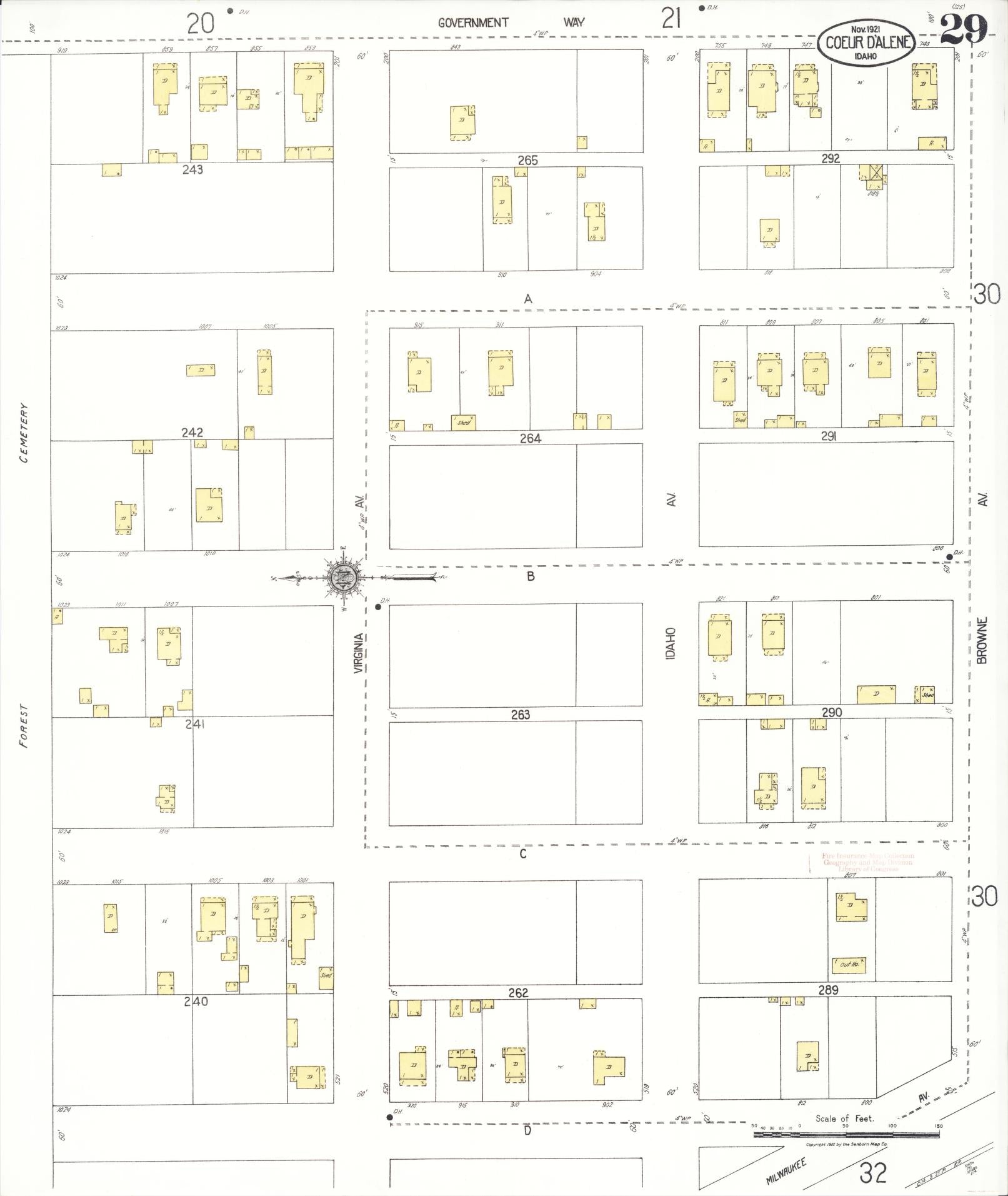Sanborn Fire Insurance Map from Coeur D'alene, Kootenai County, Idaho (1921), Sheet #0029 - Complete Map Set gallery image, historic Sanborn map, vintage wall art, Idaho Idaho