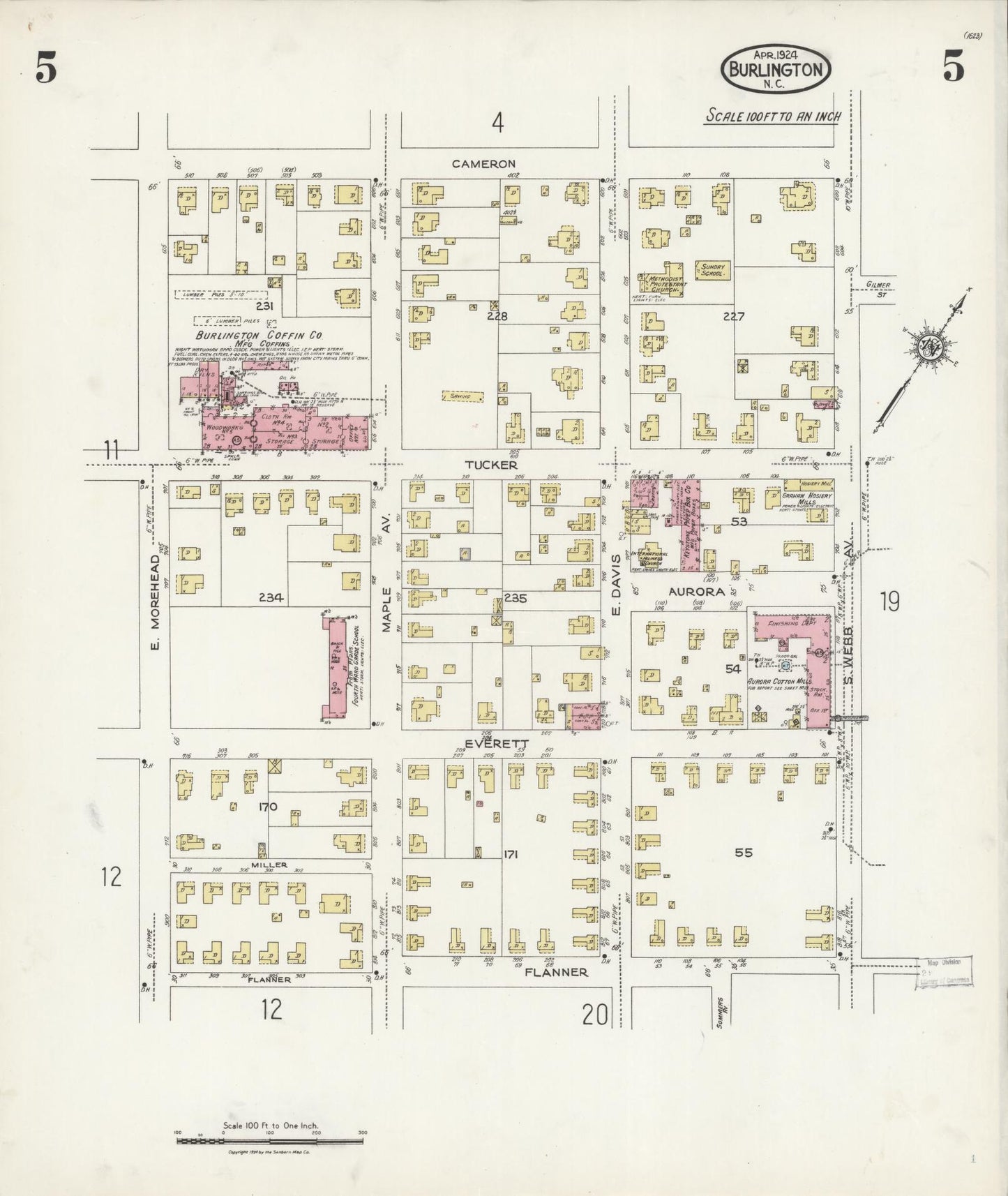 Sanborn Fire Insurance Map from Burlington, Alamance County, North Carolina (1924), Sheet #0005 - Historic Sanborn Fire Insurance Map Print, vintage old map wall art, antique decor, genealogy gift, North Carolina North Carolina map