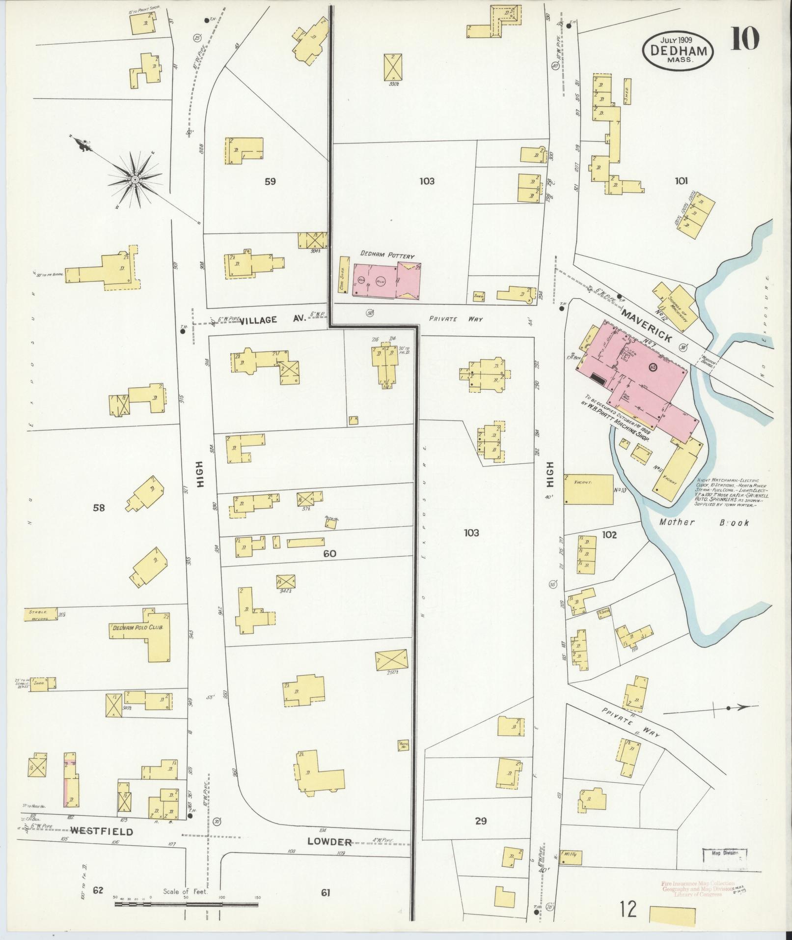 Sanborn Fire Insurance Map from Dedham, Norfolk County, Massachusetts (1909), Sheet #0010 - Historic Sanborn Fire Insurance Map Print, vintage old map wall art, antique decor, genealogy gift, Massachusetts Massachusetts map