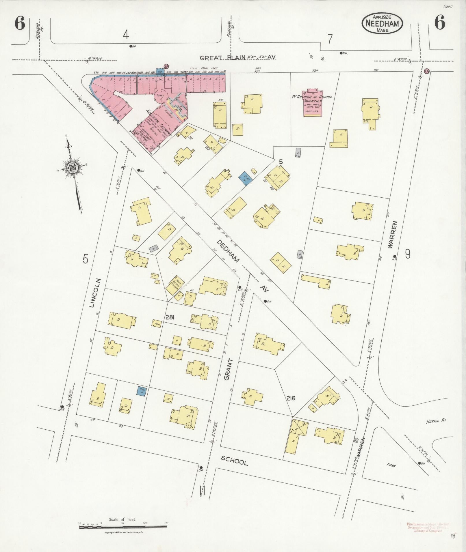 Sanborn Fire Insurance Map from Needham, Norfolk County, Massachusetts (1926), Sheet #0006 - Complete Map Set gallery image, historic Sanborn map, vintage wall art, Massachusetts Massachusetts