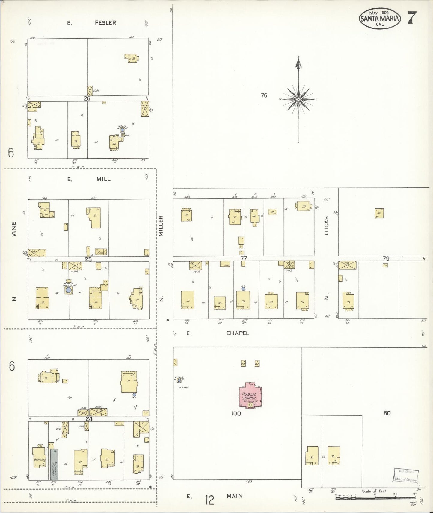 Sanborn Fire Insurance Map from Santa Maria, Santa Barbara County, California (1909), Sheet #0007 - Complete Map Set gallery image, historic Sanborn map, vintage wall art, California California