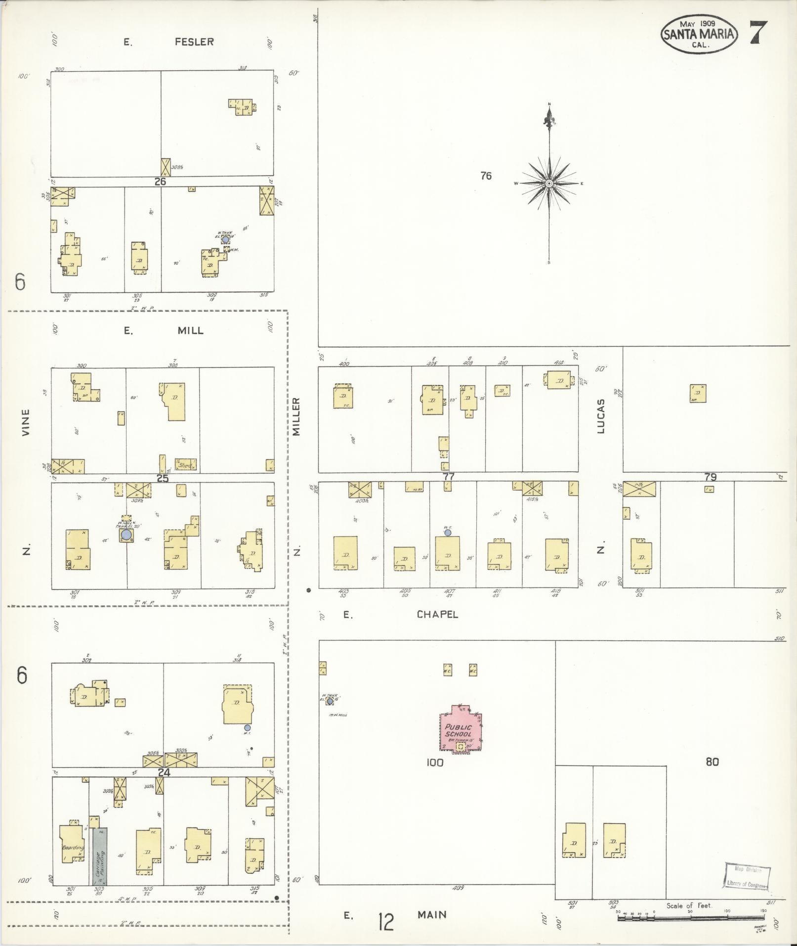 Sanborn Fire Insurance Map from Santa Maria, Santa Barbara County, California (1909), Sheet #0007 - Complete Map Set gallery image, historic Sanborn map, vintage wall art, California California