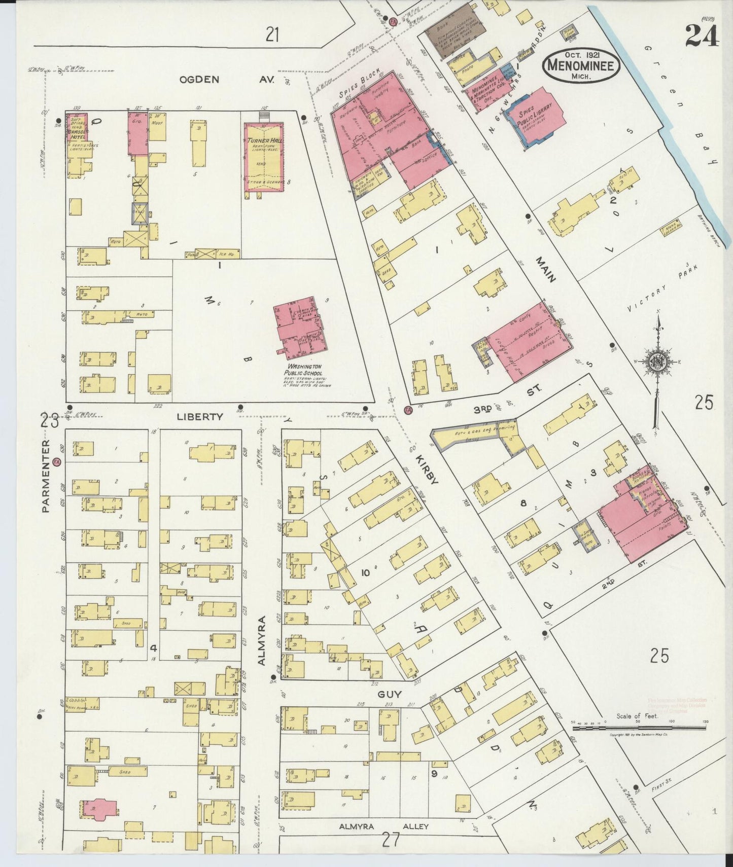 Sanborn Fire Insurance Map from Menominee, Menominee County, Michigan (1921), Sheet #0024 - Complete Map Set gallery image, historic Sanborn map, vintage wall art, Michigan Michigan