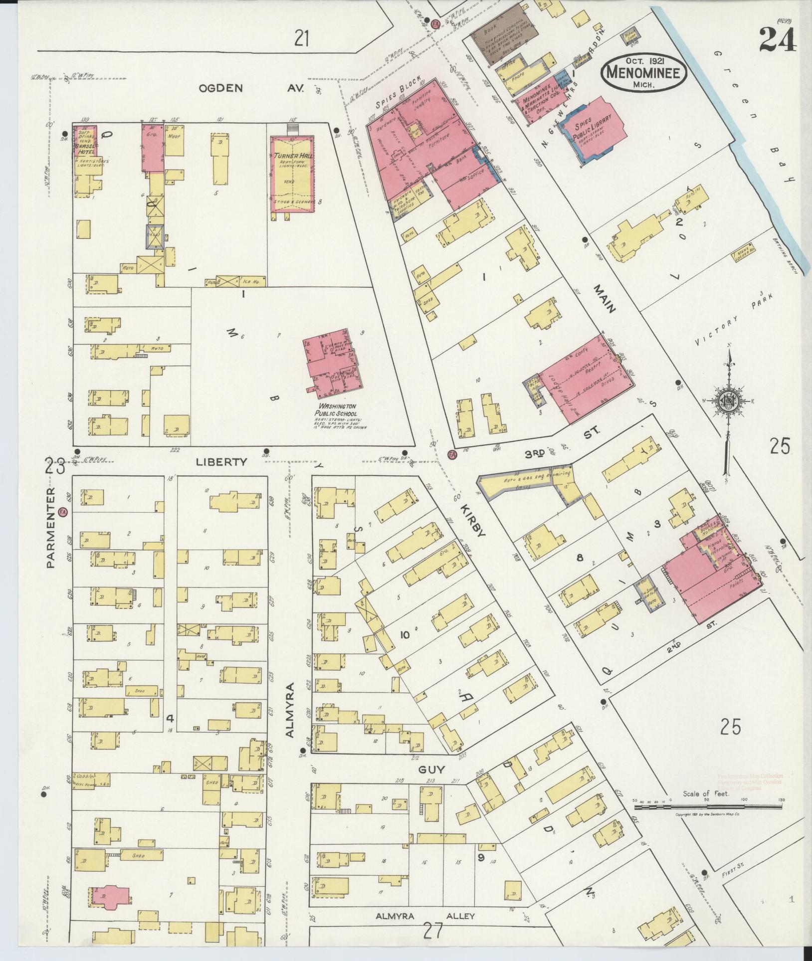 Sanborn Fire Insurance Map from Menominee, Menominee County, Michigan (1921), Sheet #0024 - Complete Map Set gallery image, historic Sanborn map, vintage wall art, Michigan Michigan