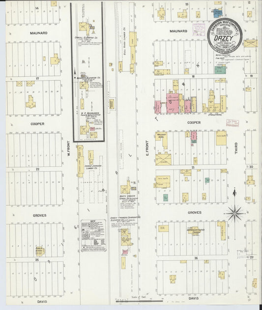 Sanborn Fire Insurance Map from Dazey, Barnes County, North Dakota (1908), Sheet #0001 - Historic Sanborn Fire Insurance Map Print, vintage old map wall art, antique decor, genealogy gift, North Dakota North Dakota map