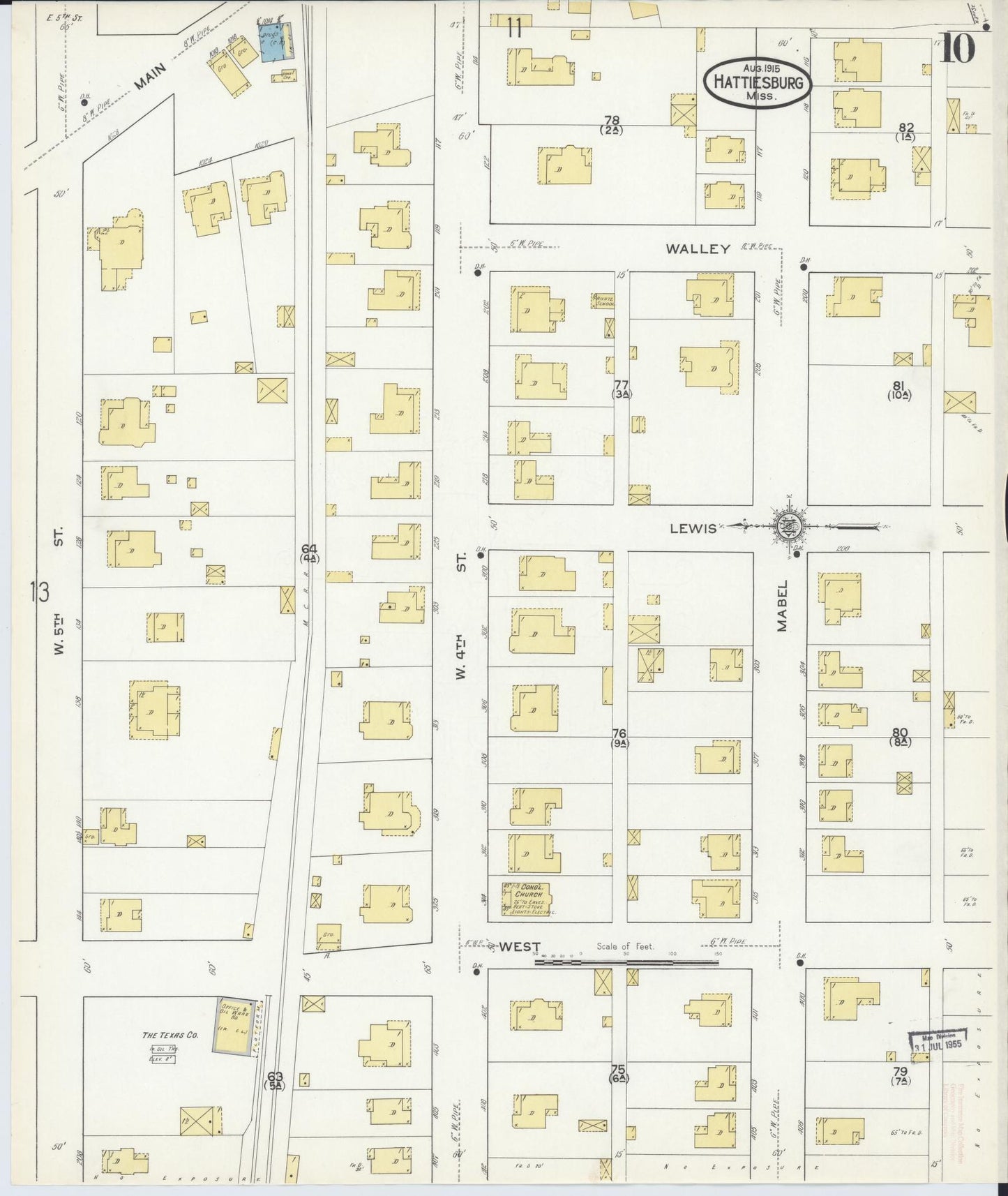 Sanborn Fire Insurance Map from Hattiesburg, Forrest County, Mississippi (1915), Sheet #0010 - Complete Map Set gallery image, historic Sanborn map, vintage wall art, Mississippi Mississippi