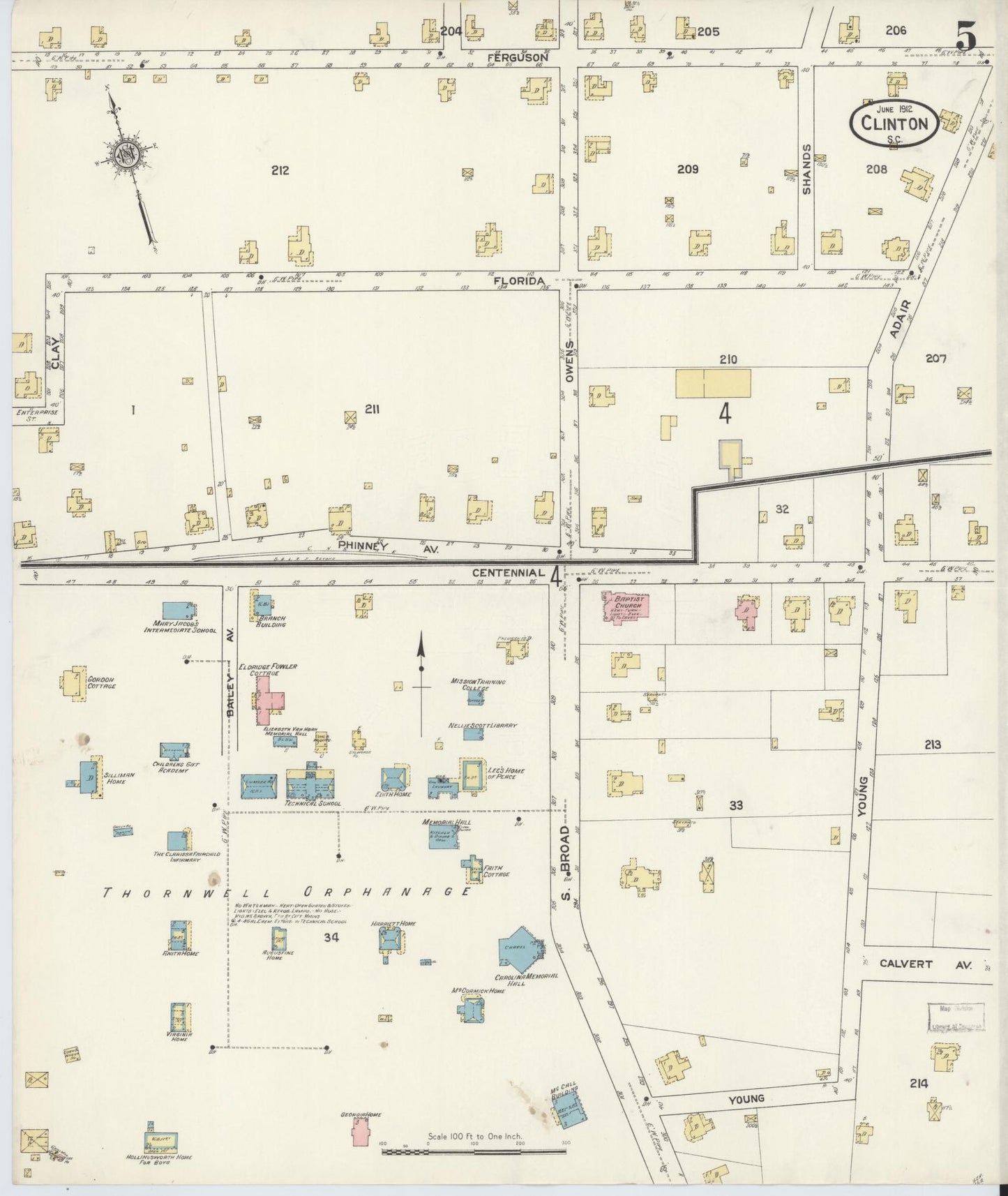 Sanborn Fire Insurance Map from Clinton, Laurens County, South Carolina (1912), Sheet #0005 - Complete Map Set gallery image, historic Sanborn map, vintage wall art, South Carolina South Carolina