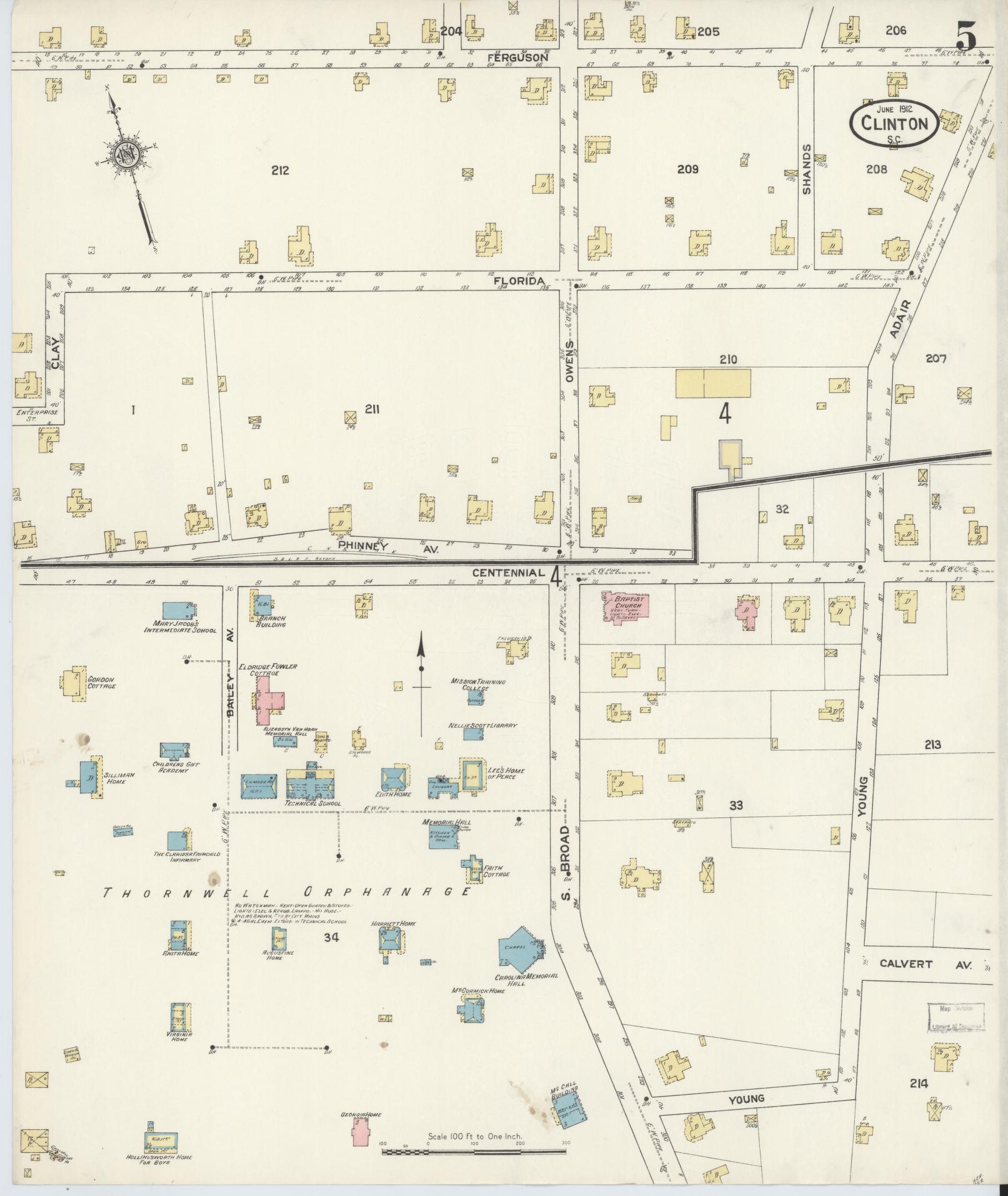 Sanborn Fire Insurance Map from Clinton, Laurens County, South Carolina (1912), Sheet #0005 - Complete Map Set gallery image, historic Sanborn map, vintage wall art, South Carolina South Carolina