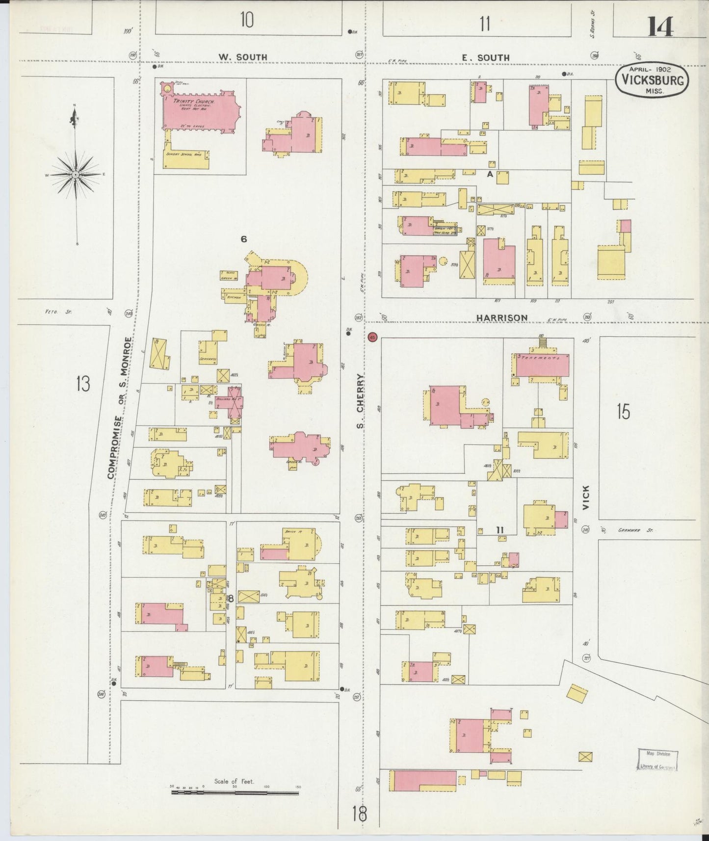 Sanborn Fire Insurance Map from Vicksburg, Warren County, Mississippi (1902), Sheet #0014 - Historic Sanborn Fire Insurance Map Print, vintage old map wall art, antique decor, genealogy gift, Mississippi Mississippi map