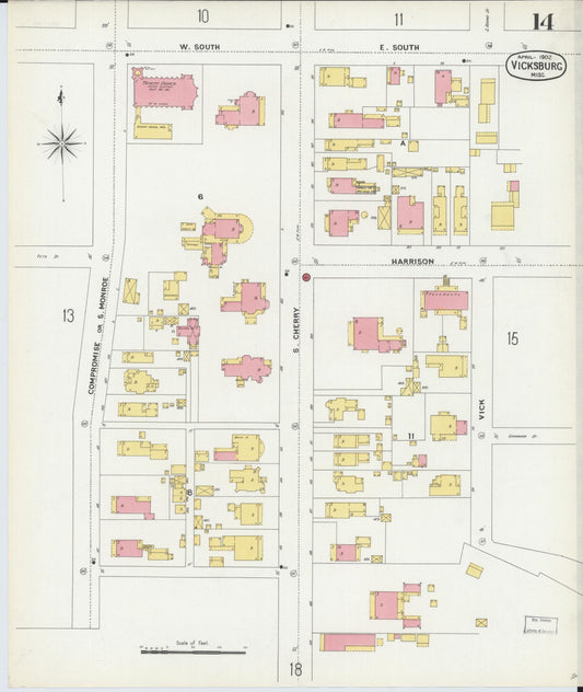 Sanborn Fire Insurance Map from Vicksburg, Warren County, Mississippi (1902), Sheet #0014 - Historic Sanborn Fire Insurance Map Print, vintage old map wall art, antique decor, genealogy gift, Mississippi Mississippi map