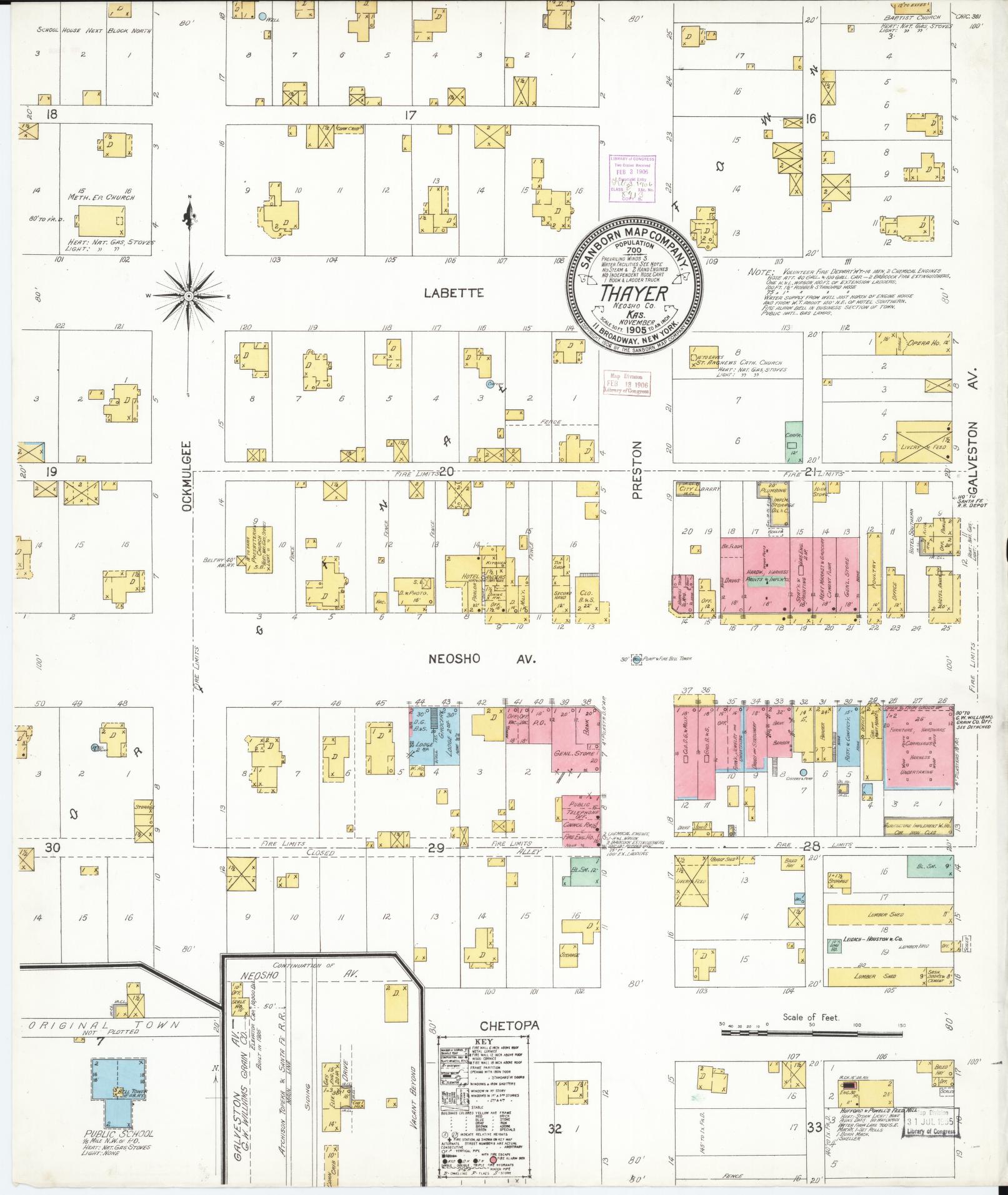 Sanborn Fire Insurance Map from Thayer, Neosho County, Kansas (1905), Sheet #0001 - Historic Sanborn Fire Insurance Map Print, vintage old map wall art, antique decor, genealogy gift, Kansas Kansas map