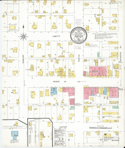 Sanborn Fire Insurance Map from Thayer, Neosho County, Kansas (1905), Sheet #0001 - Historic Sanborn Fire Insurance Map Print, vintage old map wall art, antique decor, genealogy gift, Kansas Kansas map