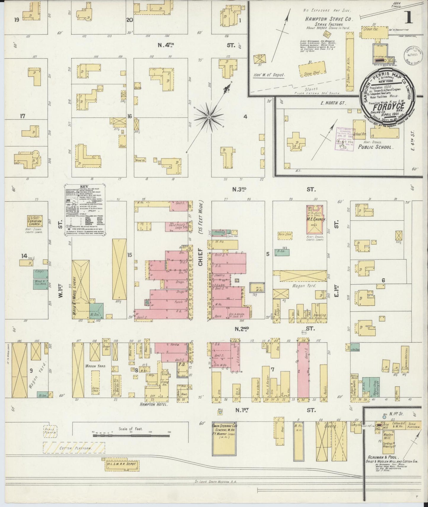 Sanborn Fire Insurance Map from Fordyce, Dallas County, Arkansas (1901), Sheet #0001 - Complete Map Set gallery image, historic Sanborn map, vintage wall art, Arkansas Arkansas