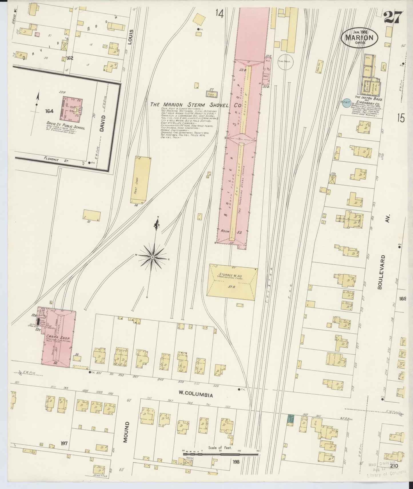 Sanborn Fire Insurance Map from Marion, Marion County, Ohio (1908), Sheet #0027 - Historic Sanborn Fire Insurance Map Print, vintage old map wall art, antique decor, genealogy gift, Ohio Ohio map