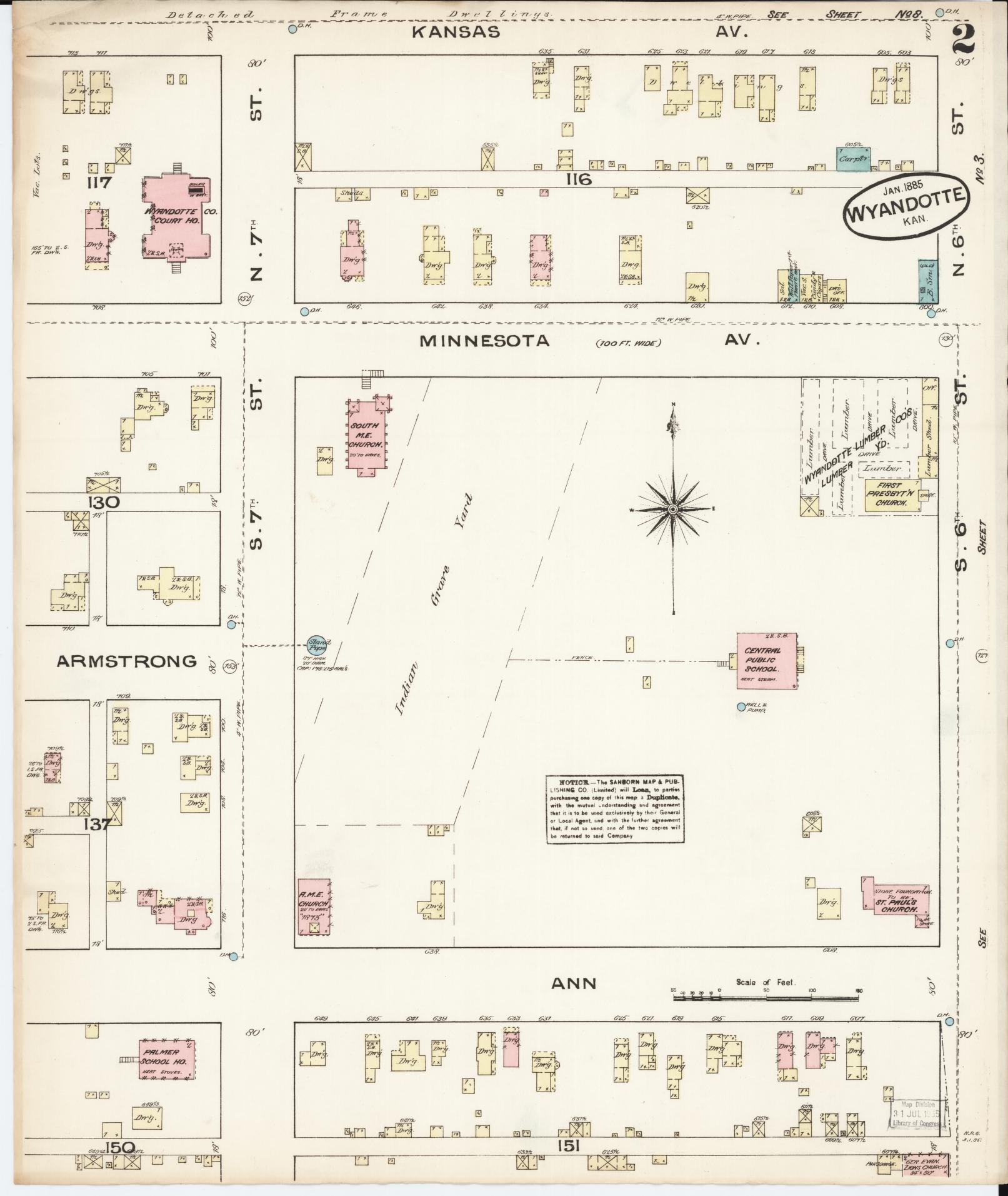 Sanborn Fire Insurance Map from Wyandotte, Wyandotte County, Kansas (1885), Sheet #0002 - Complete Map Set gallery image, historic Sanborn map, vintage wall art, Kansas Kansas