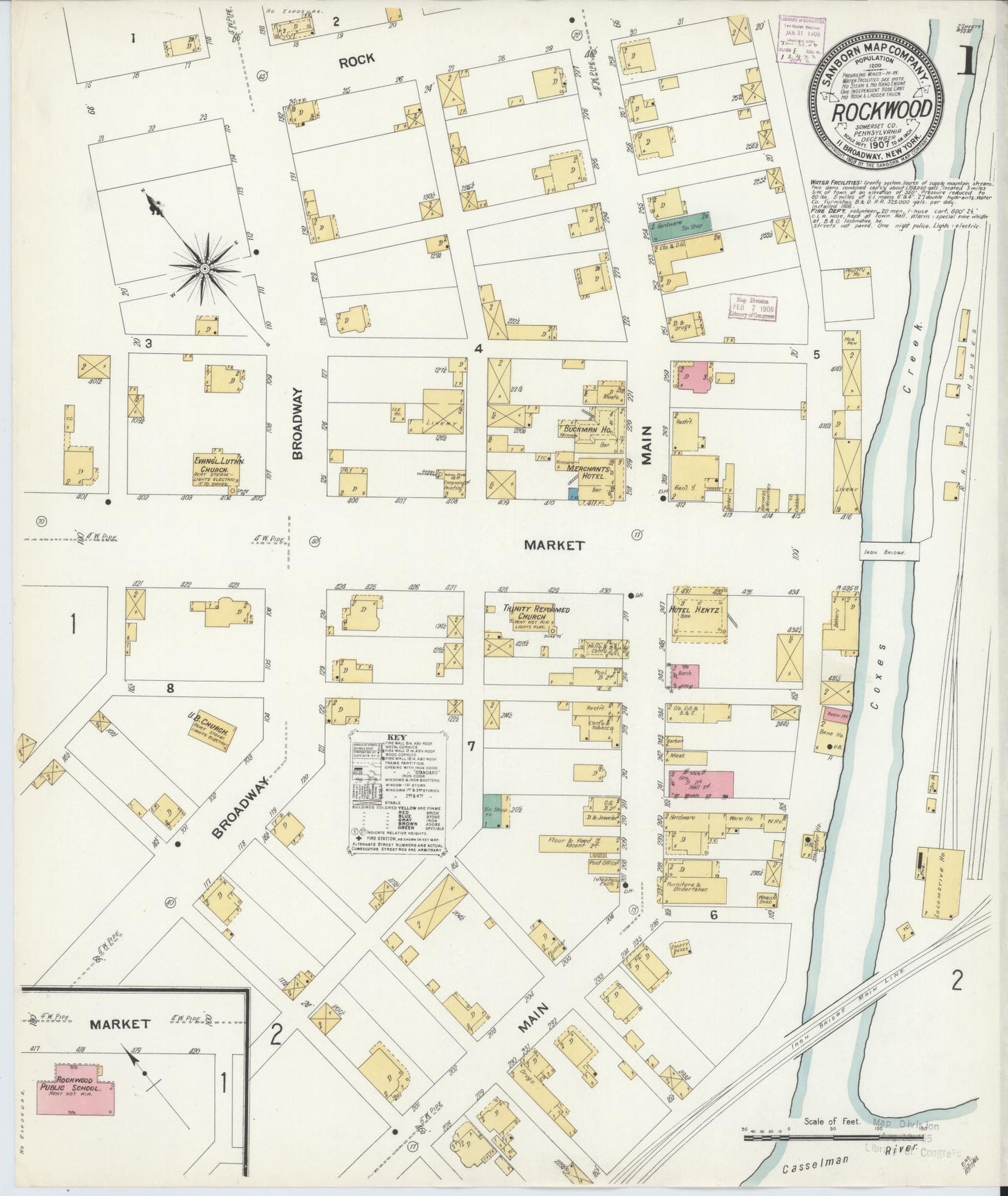 Sanborn Fire Insurance Map from Rockwood, Somerset County, Pennsylvania (1907), Sheet #0001 - Complete Map Set gallery image, historic Sanborn map, vintage wall art, Pennsylvania Pennsylvania