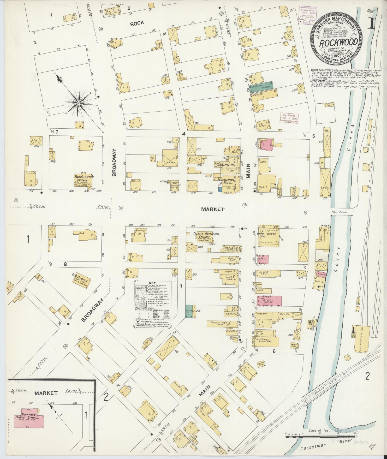Sanborn Fire Insurance Map from Rockwood, Somerset County, Pennsylvania (1907), Sheet #0001 - Complete Map Set gallery image, historic Sanborn map, vintage wall art, Pennsylvania Pennsylvania