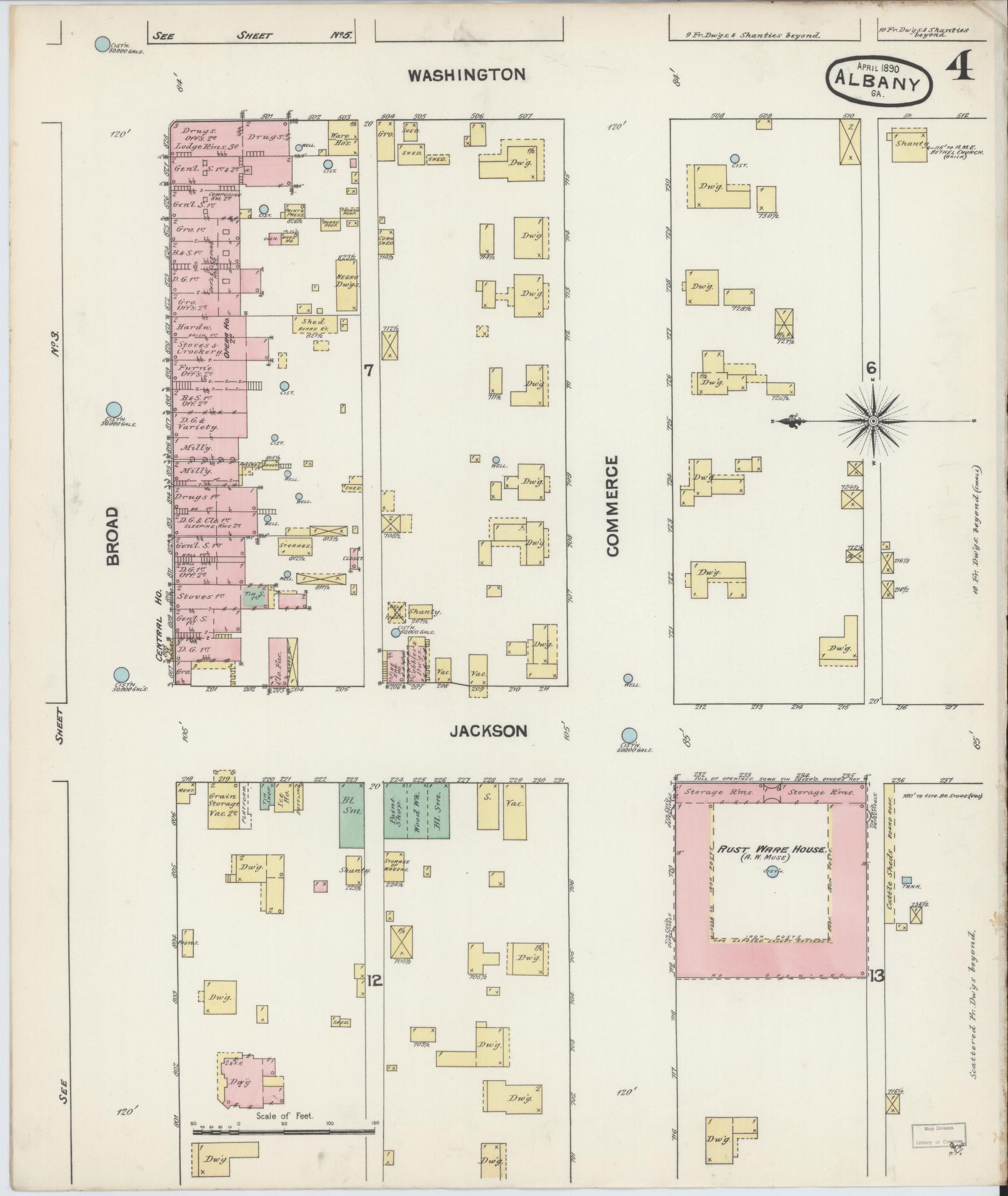 Sanborn Fire Insurance Map from Albany, Dougherty County, Georgia (1890), Sheet #0004 - Historic Sanborn Fire Insurance Map Print, vintage old map wall art, antique decor, genealogy gift, Georgia Georgia map