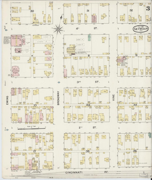 Sanborn Fire Insurance Map from Seymour, Jackson County, Indiana (1887), Sheet #0003 - Historic Sanborn Fire Insurance Map Print, vintage old map wall art, antique decor, genealogy gift, Indiana Indiana map