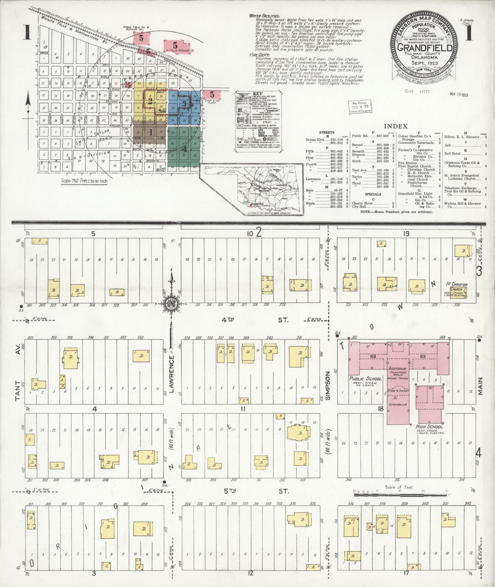 Sanborn Fire Insurance Map from Grandfield, Tillman County, Oklahoma (1923), Sheet #0001 - Complete Map Set gallery image, historic Sanborn map, vintage wall art, Oklahoma Oklahoma