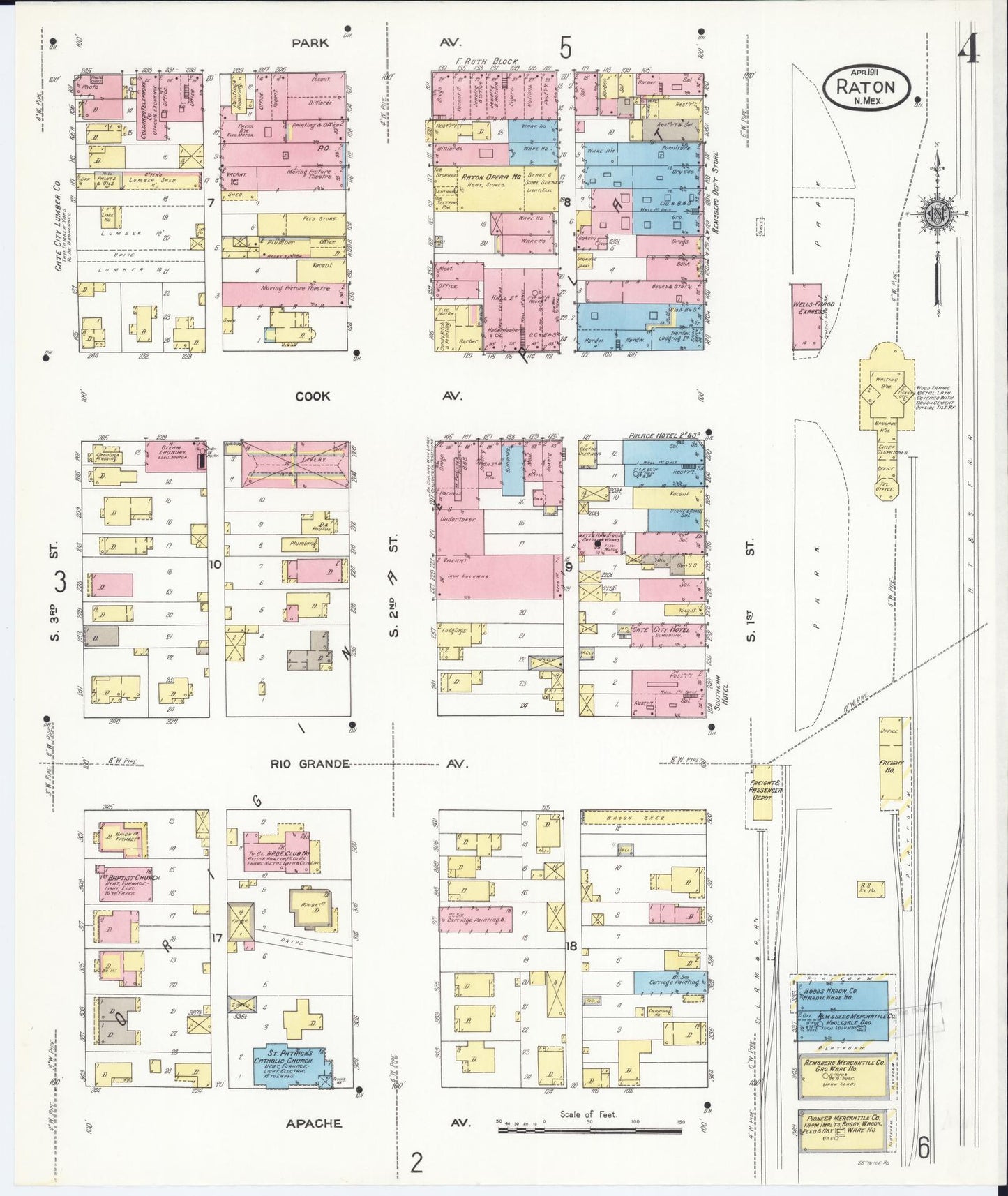 Sanborn Fire Insurance Map from Raton, Colfax County, New Mexico (1911), Sheet #0004 - Complete Map Set gallery image, historic Sanborn map, vintage wall art, New Mexico New Mexico