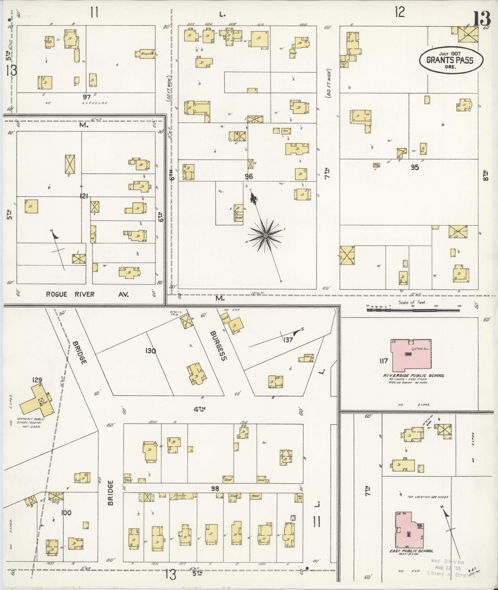 Sanborn Fire Insurance Map from Grants Pass, Josephine County, Oregon (1907), Sheet #0013 - Historic Sanborn Fire Insurance Map Print, vintage old map wall art, antique decor, genealogy gift, Oregon Oregon map