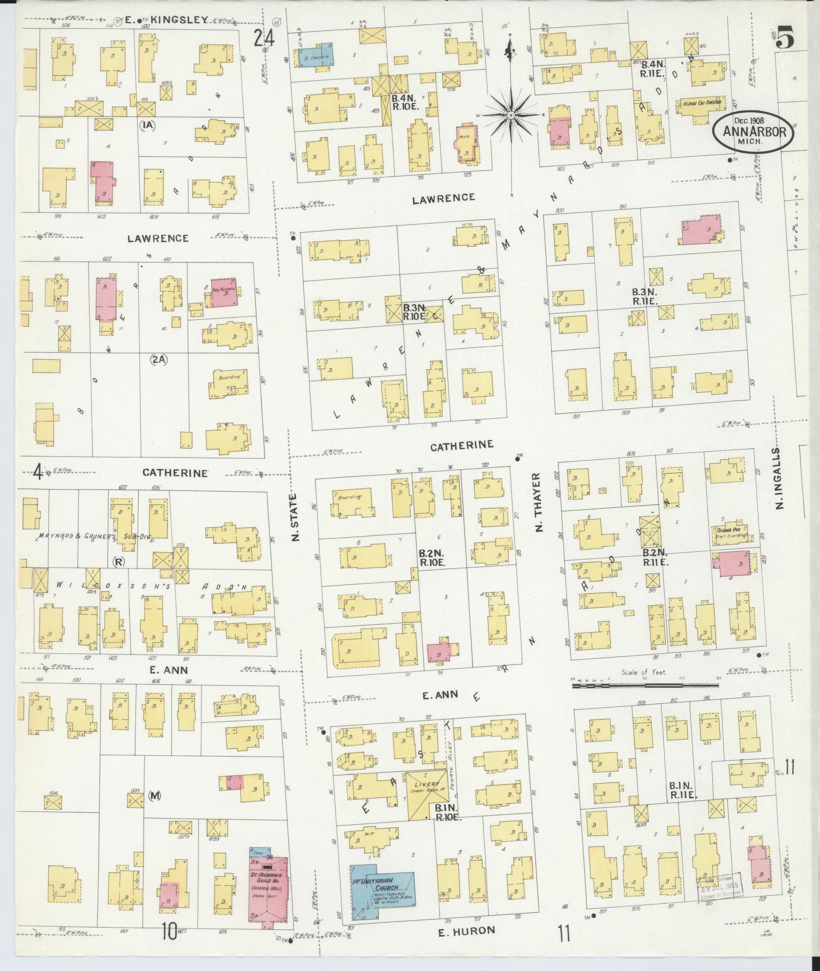 Sanborn Fire Insurance Map from Ann Arbor, Washtenaw County, Michigan (1908), Sheet #0005 - Historic Sanborn Fire Insurance Map Print, vintage old map wall art, antique decor, genealogy gift, Michigan Michigan map