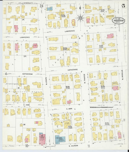Sanborn Fire Insurance Map from Ann Arbor, Washtenaw County, Michigan (1908), Sheet #0005 - Historic Sanborn Fire Insurance Map Print, vintage old map wall art, antique decor, genealogy gift, Michigan Michigan map