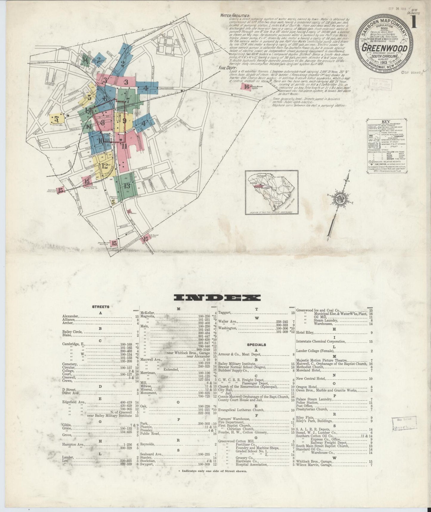 Sanborn Fire Insurance Map from Greenwood, Greenwood County, South Carolina (1913), Sheet #0001 - Complete Map Set gallery image, historic Sanborn map, vintage wall art, South Carolina South Carolina