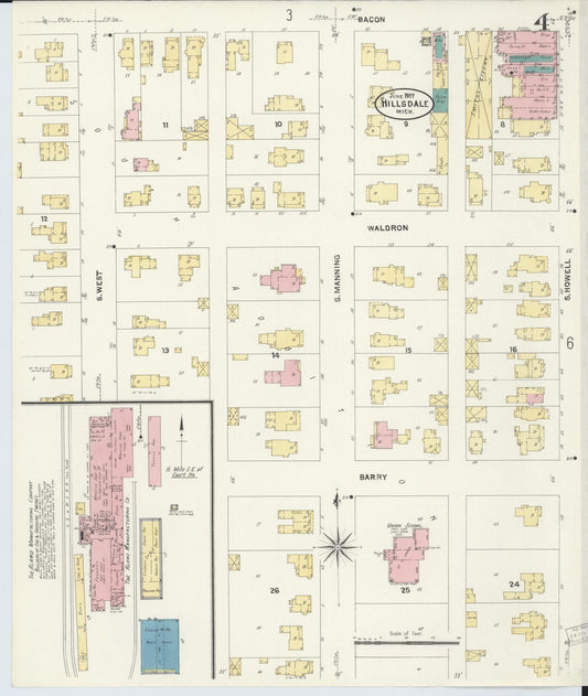 Sanborn Fire Insurance Map from Hillsdale, Hillsdale County, Michigan (1907), Sheet #0004 - Historic Sanborn Fire Insurance Map Print, vintage old map wall art, antique decor, genealogy gift, Michigan Michigan map