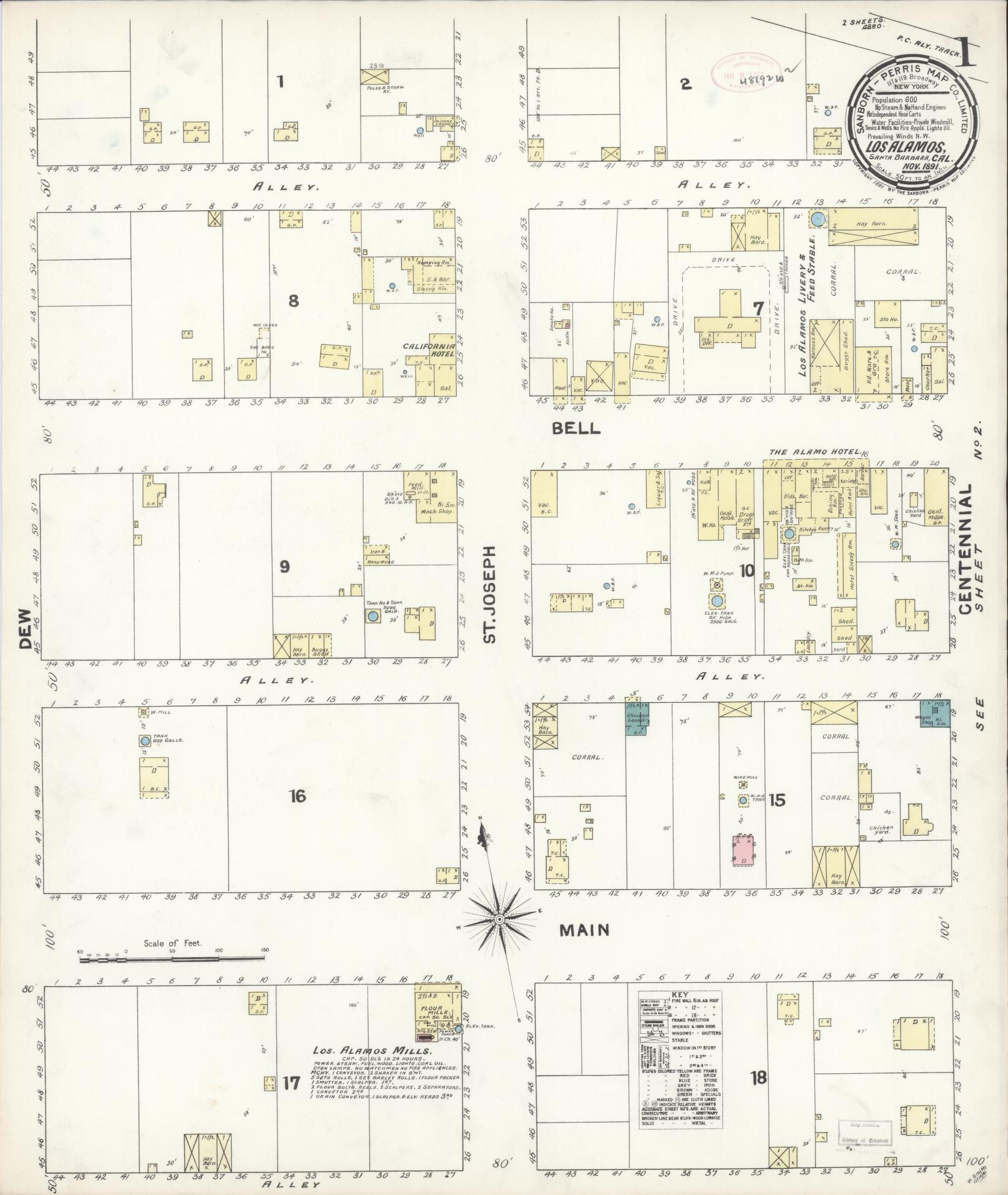 Sanborn Fire Insurance Map from Los Alamos, Santa Barbara County, California (1891), Sheet #0001 - Historic Sanborn Fire Insurance Map Print, vintage old map wall art, antique decor, genealogy gift, California California map