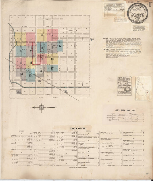 Sanborn Fire Insurance Map from Rexburg, Madison County, Idaho (1943), Sheet #0001 - Complete Map Set gallery image, historic Sanborn map, vintage wall art, Idaho Idaho