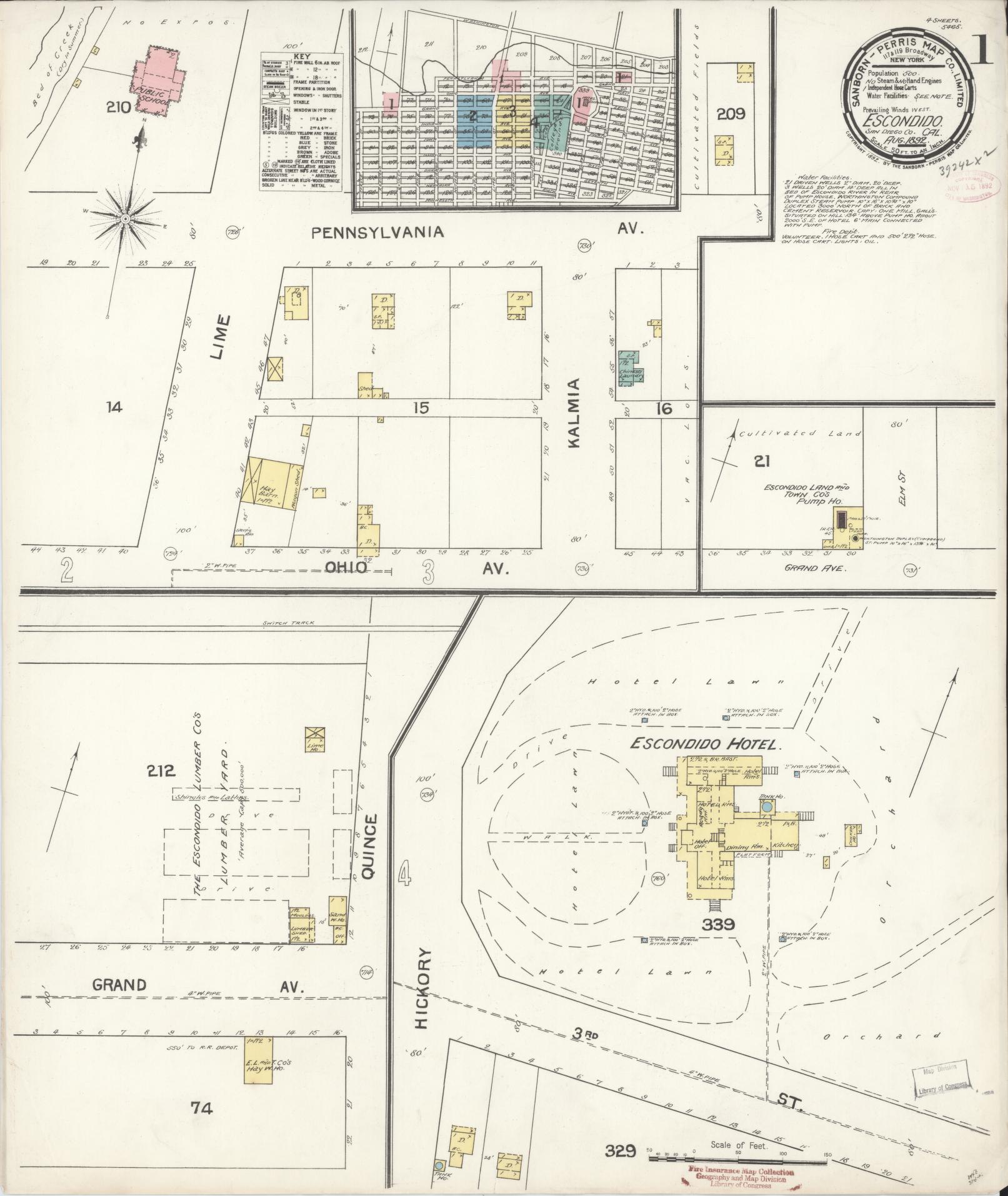 Sanborn Fire Insurance Map from Escondido, San Diego County, California (1892), Sheet #0001 - Complete Map Set gallery image, historic Sanborn map, vintage wall art, California California