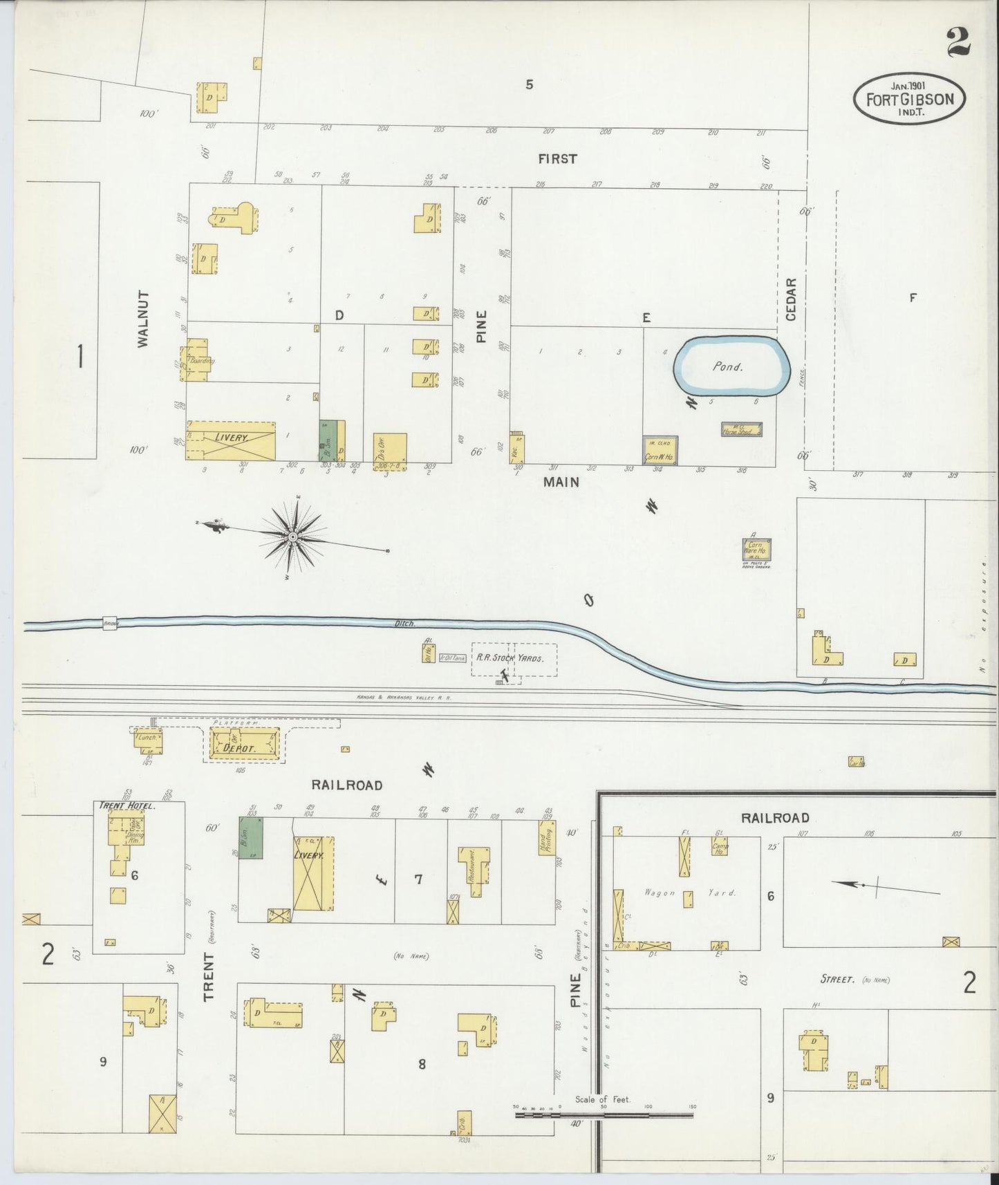 Sanborn Fire Insurance Map from Fort Gibson, Muskogee County, Oklahoma (1901), Sheet #0002 - Historic Sanborn Fire Insurance Map Print, vintage old map wall art, antique decor, genealogy gift, Oklahoma Oklahoma map