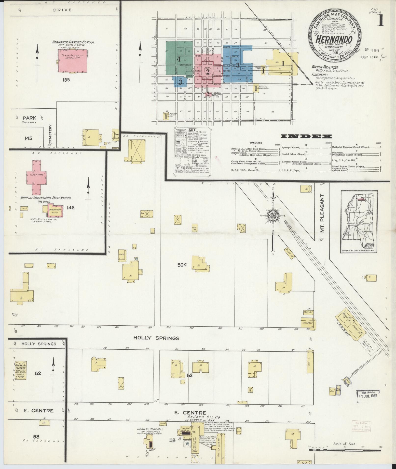 Sanborn Fire Insurance Map from Hernando, De Soto County, Mississippi (1915), Sheet #0001 - Historic Sanborn Fire Insurance Map Print, vintage old map wall art, antique decor, genealogy gift, Mississippi Mississippi map