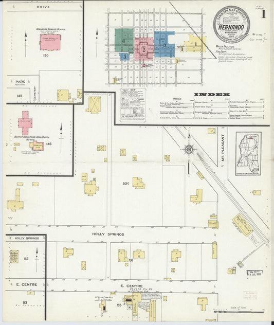 Sanborn Fire Insurance Map from Hernando, De Soto County, Mississippi (1915), Sheet #0001 - Historic Sanborn Fire Insurance Map Print, vintage old map wall art, antique decor, genealogy gift, Mississippi Mississippi map