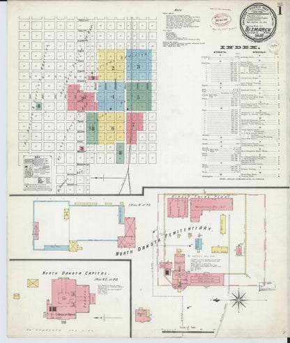 Sanborn Fire Insurance Map from Bismarck, Burleigh County, North Dakota (1899), Sheet #0001 - Complete Map Set gallery image, historic Sanborn map, vintage wall art, North Dakota North Dakota